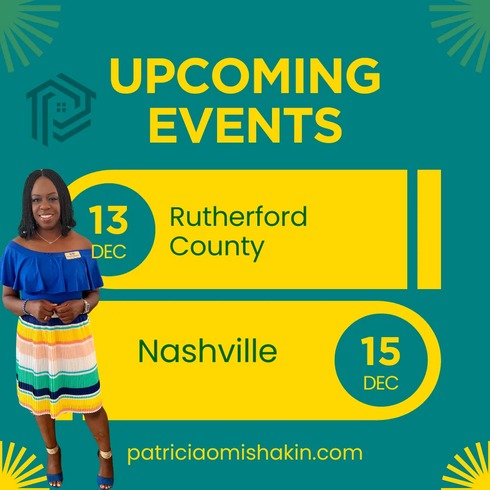 A vibrant Instagram graphic titled "Upcoming Events" with two featured dates and locations. The top section shows "13 DEC" for Rutherford County, and the bottom section shows "15 DEC" for Nashville. A smiling woman wearing a colorful striped skirt and an off-shoulder blue top stands on the left. The background features teal and yellow accents with a logo resembling a house. The website "patriciaomishakin.com" is displayed at the bottom