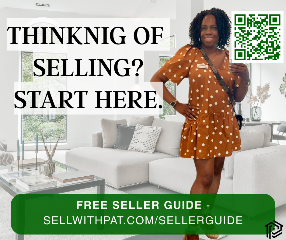Smiling Black woman in a polka dot dress stands in a living room next to bold blue text that reads 'Download Your Free Seller Guide' with a yellow button showing the URL sellwithpat.com/sellerguide