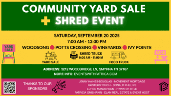 Colorful flyer for the Community Yard Sale and Shred Event in Smyrna, TN, happening Saturday, September 20, 2025, from 7 AM to 12 PM, featuring four neighborhoods—Woodsong, Potts Crossing, Vineyards, and Ivy Pointe—with free shredding from 9 AM to 11 AM and food from Grandma’s Kitchen – La Pasita.