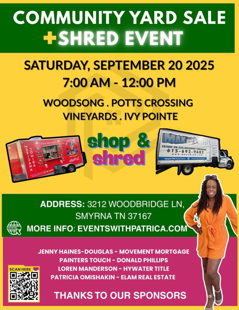 Colorful flyer for the Community Yard Sale and Shred Event in Smyrna, TN, happening Saturday, September 20, 2025, from 7 AM to 12 PM, featuring four neighborhoods—Woodsong, Potts Crossing, Vineyards, and Ivy Pointe—with free shredding from 9 AM to 11 AM and food from Grandma’s Kitchen – La Pasita