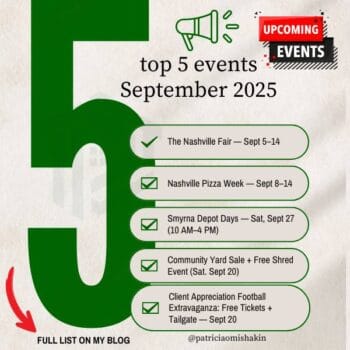 Top 5 September – Smyrna + Nearby (TN) event flyer listing: The Nashville Fair (Sept 5–14, Nashville); Nashville Pizza Week (Sept 8–14); Community Yard Sale and Shred Event (Sept 20); Cheekwood Harvest (Sept 13–Oct 30); Smyrna Depot Days (Sat, Sept 27). Footer reads ‘Curated by Patricia — Smyrna & Middle TN
