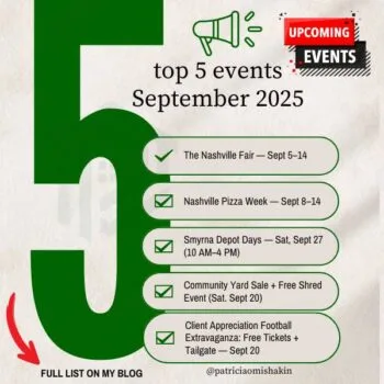 Top 5 September – Smyrna + Nearby (TN) event flyer listing: The Nashville Fair (Sept 5–14, Nashville); Nashville Pizza Week (Sept 8–14); Community Yard Sale and Shred Event (Sept 20); Cheekwood Harvest (Sept 13–Oct 30); Smyrna Depot Days (Sat, Sept 27). Footer reads ‘Curated by Patricia — Smyrna & Middle TN