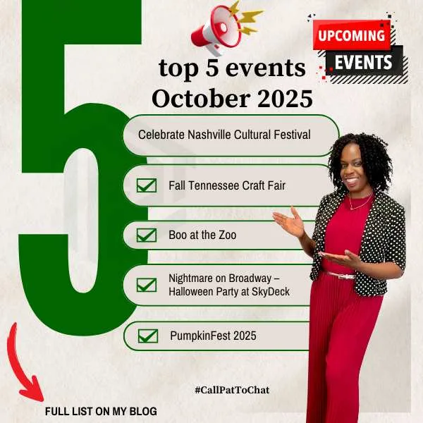 Top 5 October 2025 events in Middle Tennessee — Celebrate Nashville Cultural Festival at Centennial Park, Fall Tennessee Craft Fair, Wine Around the Square in Murfreesboro, Halloween Speakeasy at Oaklands Mansion, and Walden Farm Fall Festival in Smyrna. Bright fall colors, pumpkins, and live music represent the season