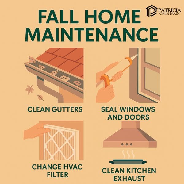 Fall home maintenance square image by Patricia Omishakin, Smyrna Realtor – highlights cleaning gutters, sealing windows and doors, changing HVAC filters, and cleaning the kitchen exhaust