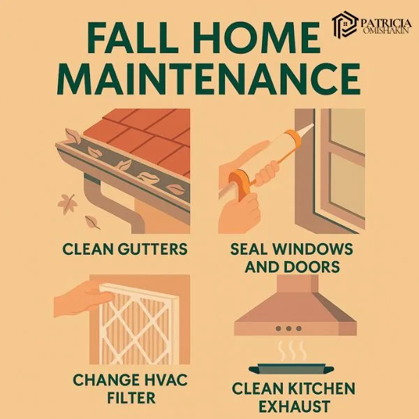 Fall home maintenance square image by Patricia Omishakin, Smyrna Realtor – highlights cleaning gutters, sealing windows and doors, changing HVAC filters, and cleaning the kitchen exhaust