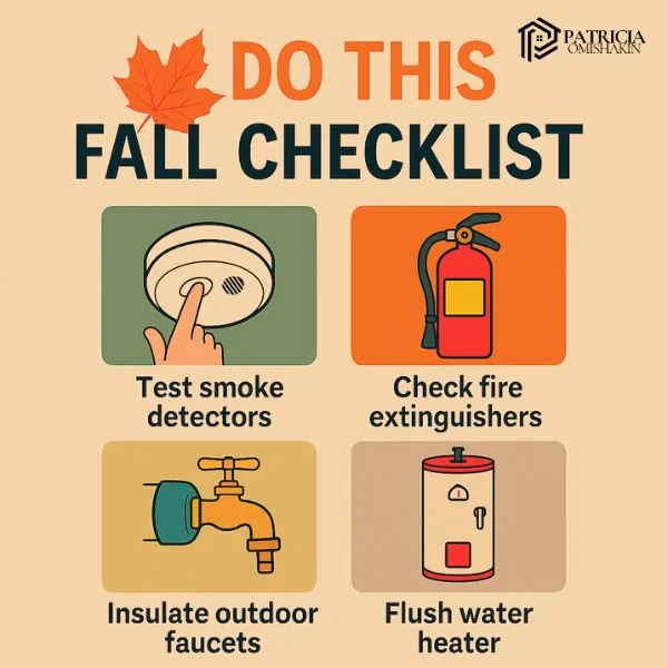 Do this fall checklist before winter – real estate graphic by Patricia Omishakin, Smyrna Realtor, showing fall leaves, tools, and a home maintenance checklist to prevent costly repairs