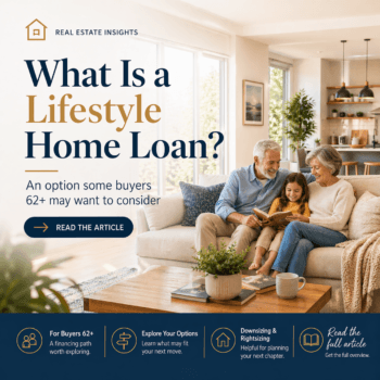 Lifestyle home loan article for buyers 62+, downsizers, and rightsizers, with an older couple in a modern living room and text about exploring financing options in retirement.