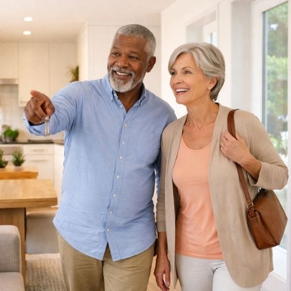 Retired couple exploring home buying options in retirement