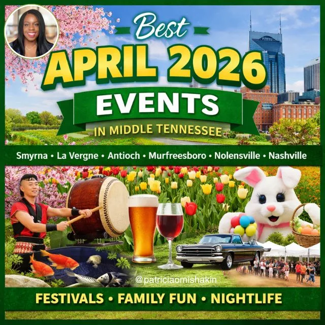 Square graphic for Best April 2026 Events in Middle Tennessee featuring spring flowers, Nashville skyline, festival imagery, family activities, and the cities of Smyrna, La Vergne, Antioch, Murfreesboro, Nolensville, and Nashville.