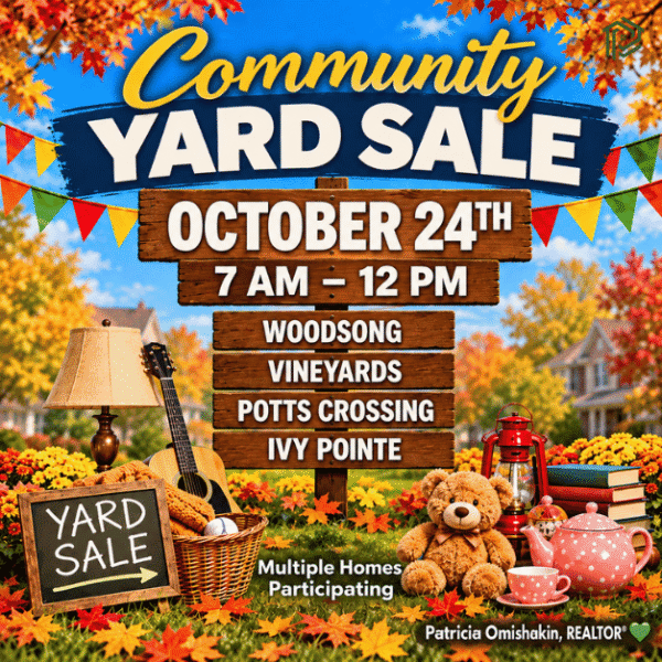 Community yard sale in Smyrna, TN on October 24 from 7 AM to 12 PM, featuring Woodsong, Vineyards, Potts Crossing and Ivy Pointe neighborhoods.