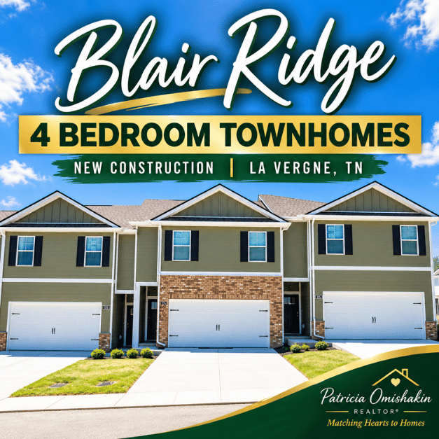 Blair Ridge four-bedroom new construction townhomes in La Vergne, TN, featuring attached two-car garages and green siding