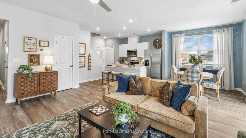 Open-concept living and dining area in the four-bedroom Pattison townhome at Blair Ridge in La Vergne, TN