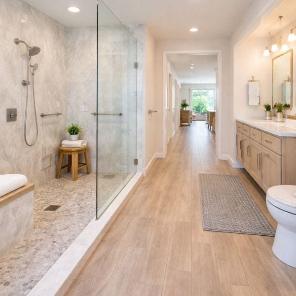 Aging in place home features including zero-entry shower and accessible layout
