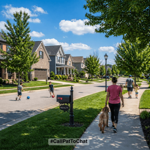 Family-friendly Smyrna TN neighborhood with sidewalks, homes, and people walking