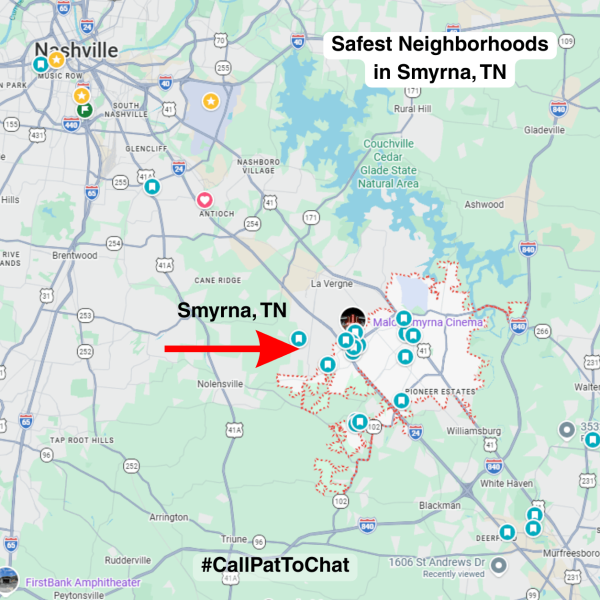 Map of Smyrna TN showing nearby cities including Nashville Murfreesboro La Vergne and Nolensville